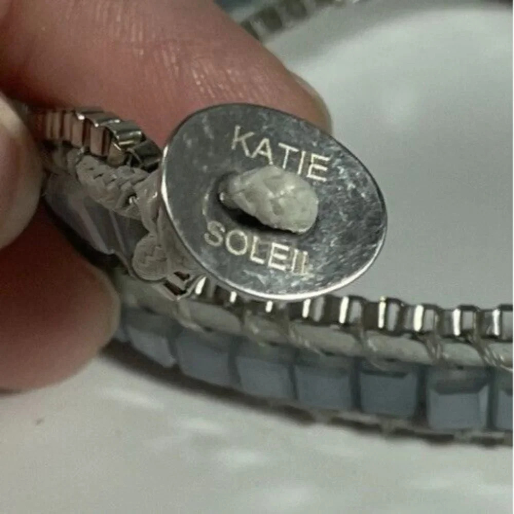 Katie Soleil Women Square Beaded 3 Wrap Bracelet Grey Cord Opaque Blue Silver - Picture 3 of 5